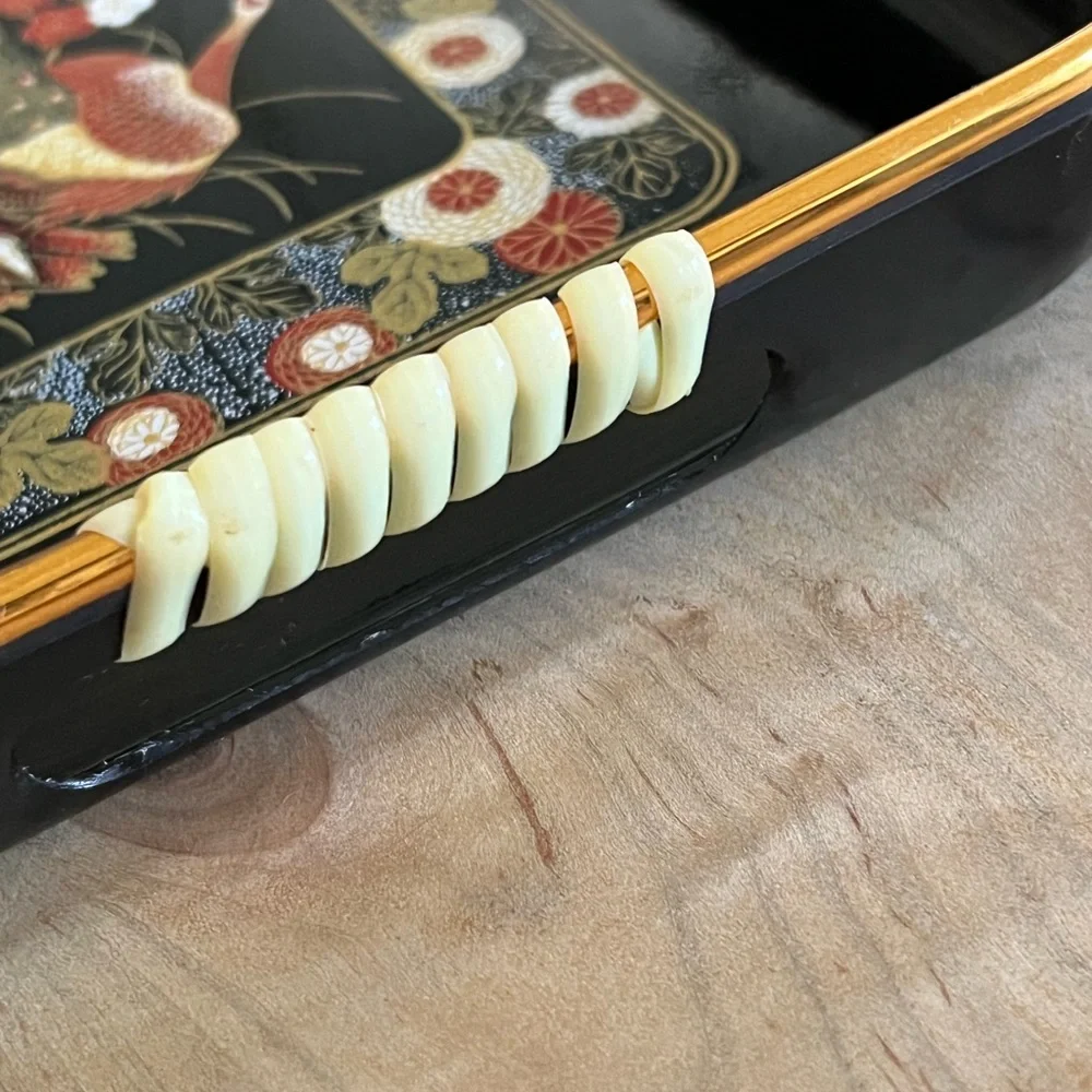 Vintage Japan lacquerware black gold peacock floral serving trays, set of two
